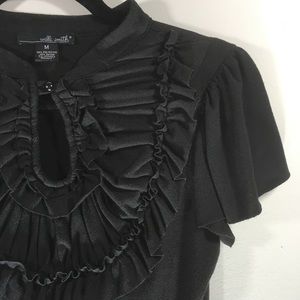 Willi Smith Black Top with ruffle & neck button